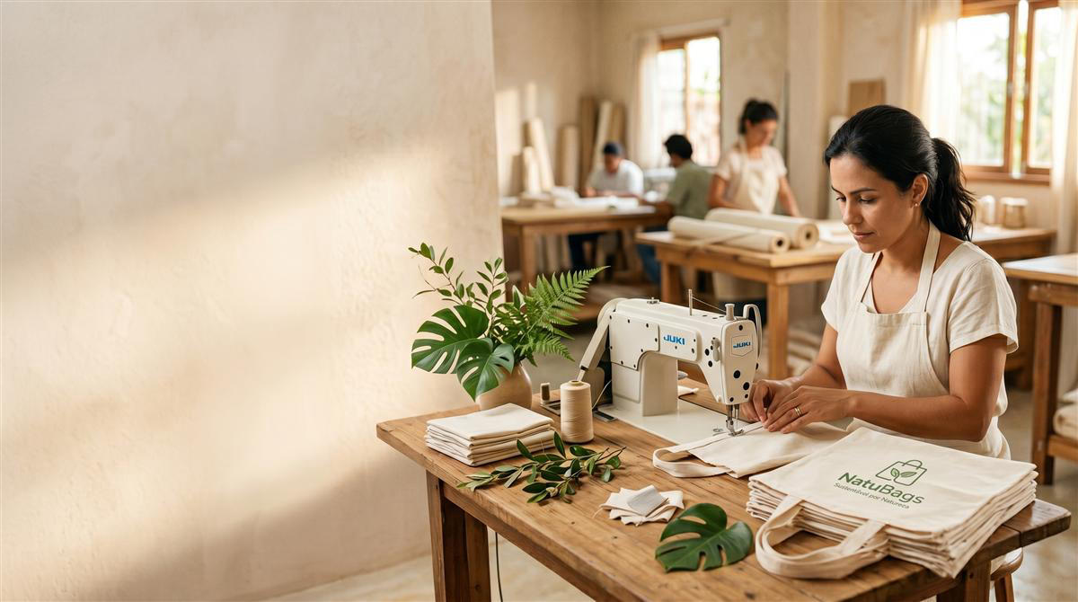 Produção de ecobags sustentáveis na fábrica da NatuBags